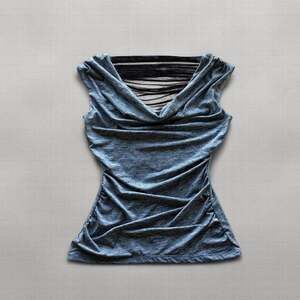 Y2K BCX Gray Cowl Neck Ruched Top Womens S String Fringe Cutout Back Going Out